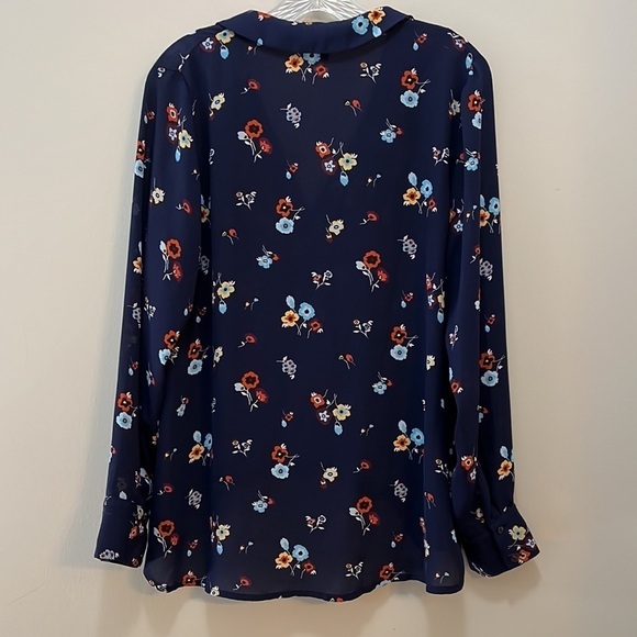 draped boho Blouse Long sleeve high-low Navy Floral semi-sheer Top size medium - Picture 6 of 9